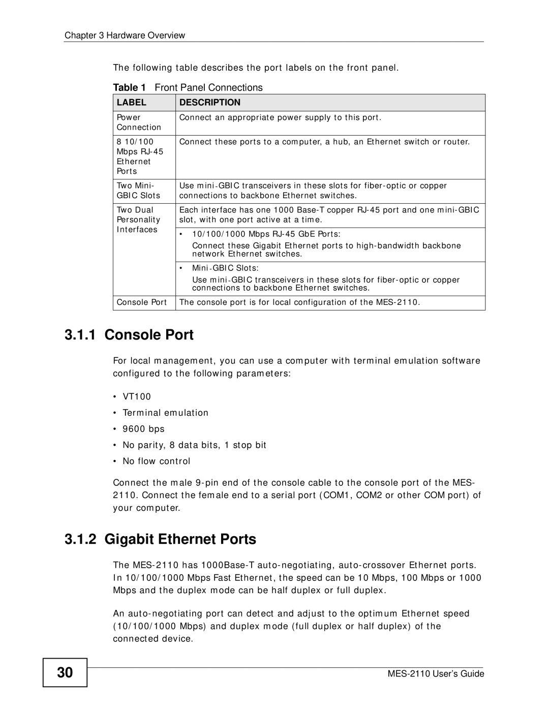 ZyXEL Communications MES-2110 manual Console Port, Gigabit Ethernet Ports, Front Panel Connections, Label Description 