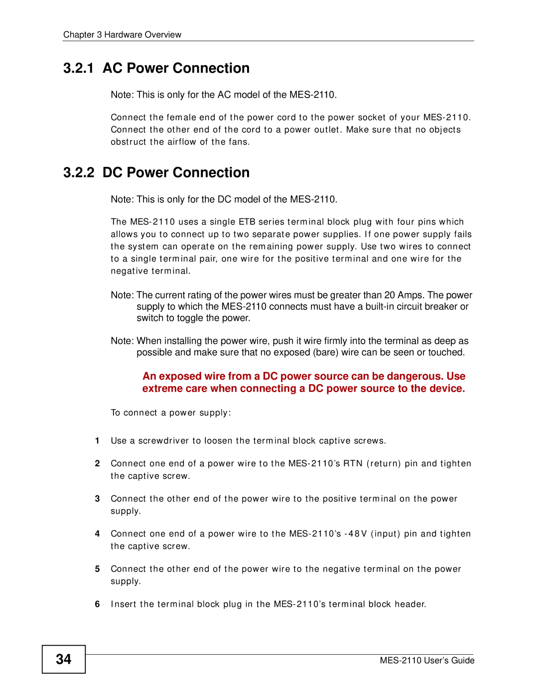 ZyXEL Communications MES-2110 manual AC Power Connection, DC Power Connection 