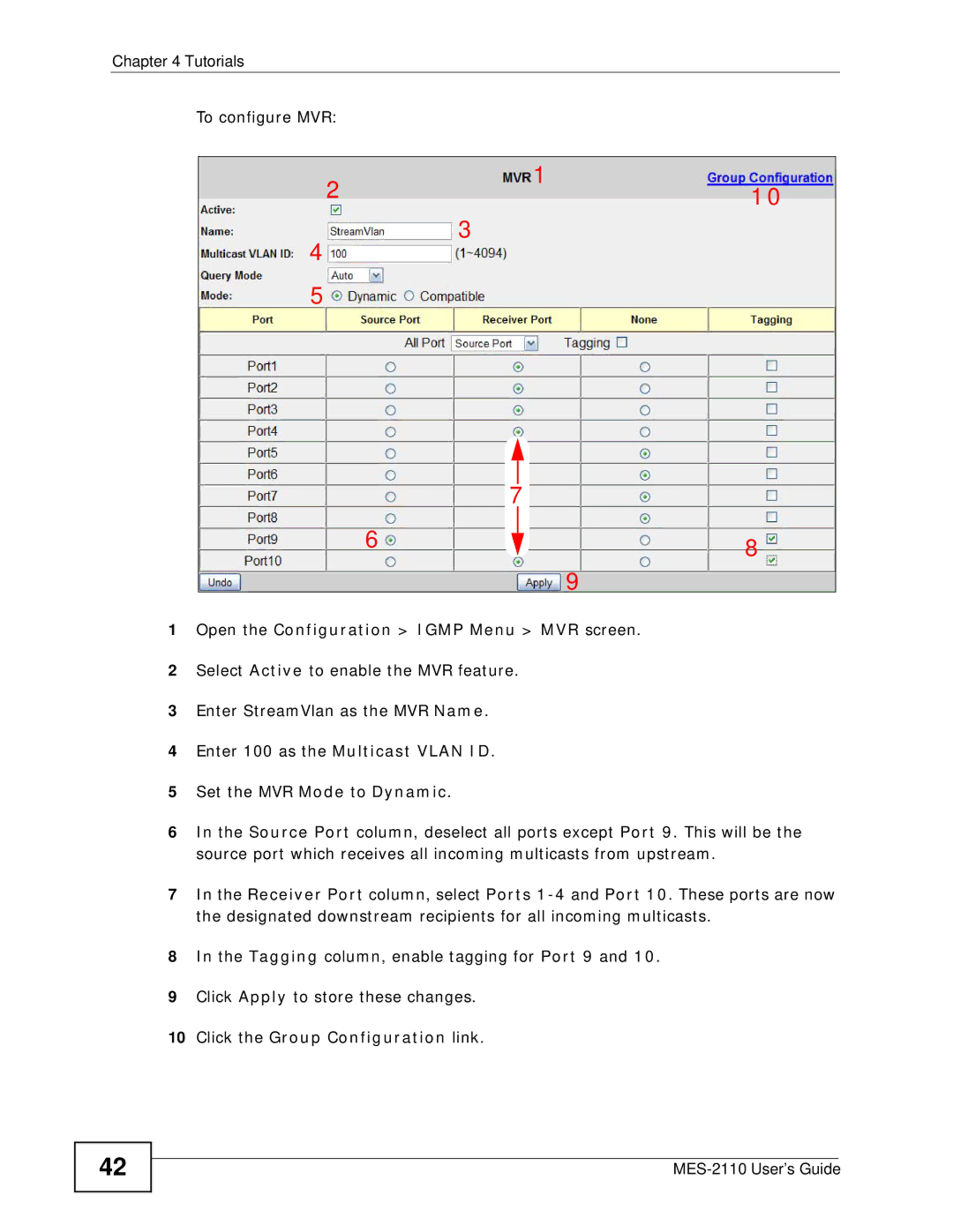 ZyXEL Communications MES-2110 manual Open the Configuration Igmp Menu MVR screen 