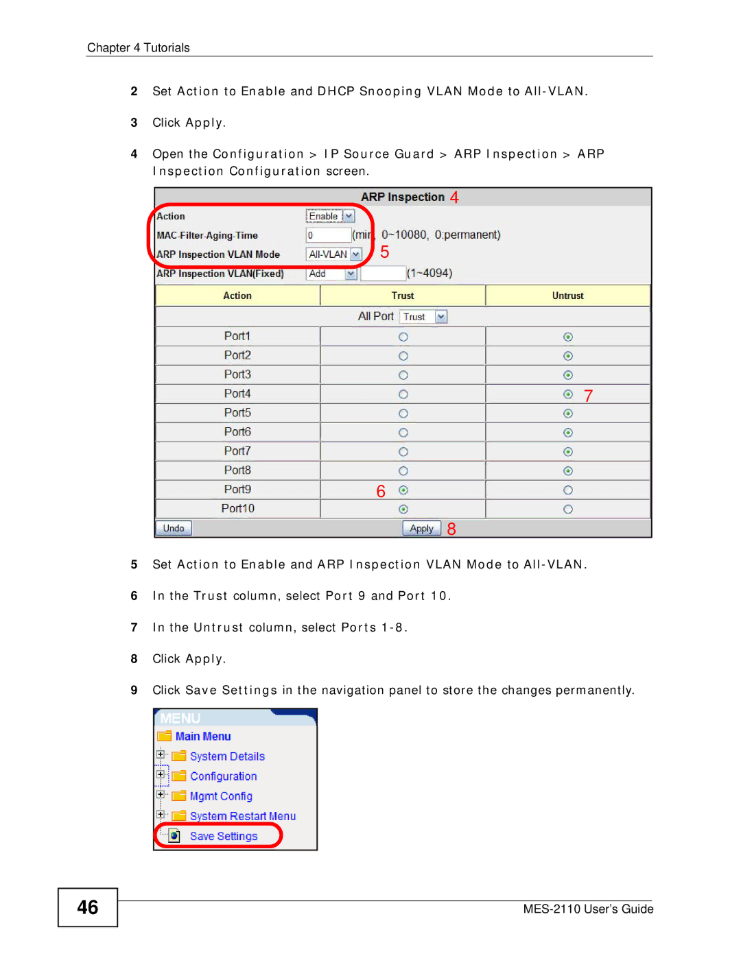 ZyXEL Communications MES-2110 manual Set Action to Enable and Dhcp Snooping Vlan Mode to All-VLAN 