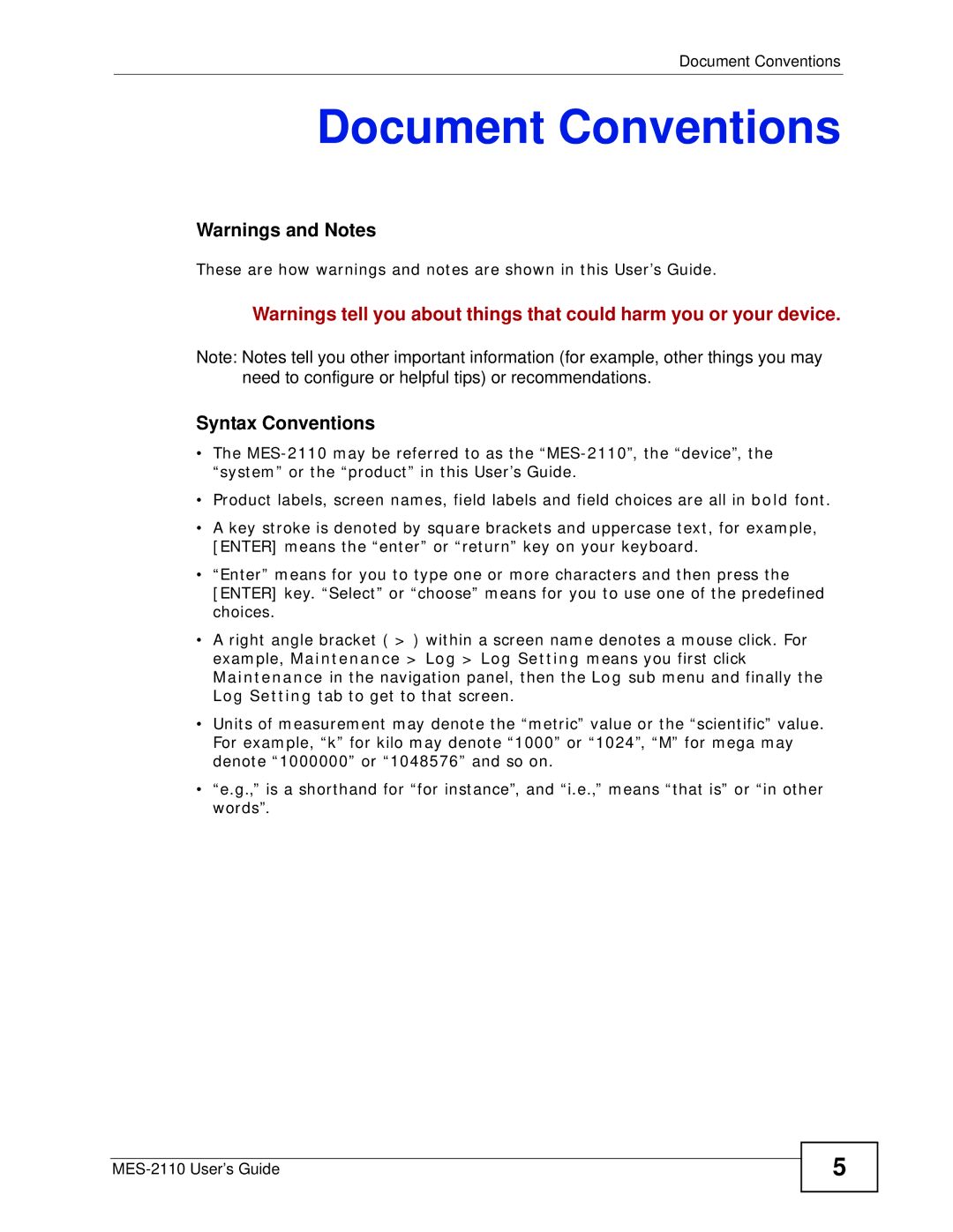 ZyXEL Communications MES-2110 manual Document Conventions, Syntax Conventions 