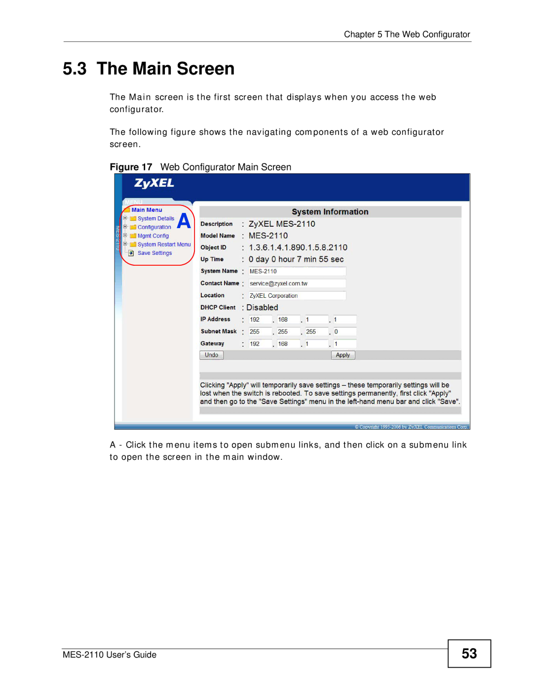 ZyXEL Communications MES-2110 manual Web Configurator Main Screen 