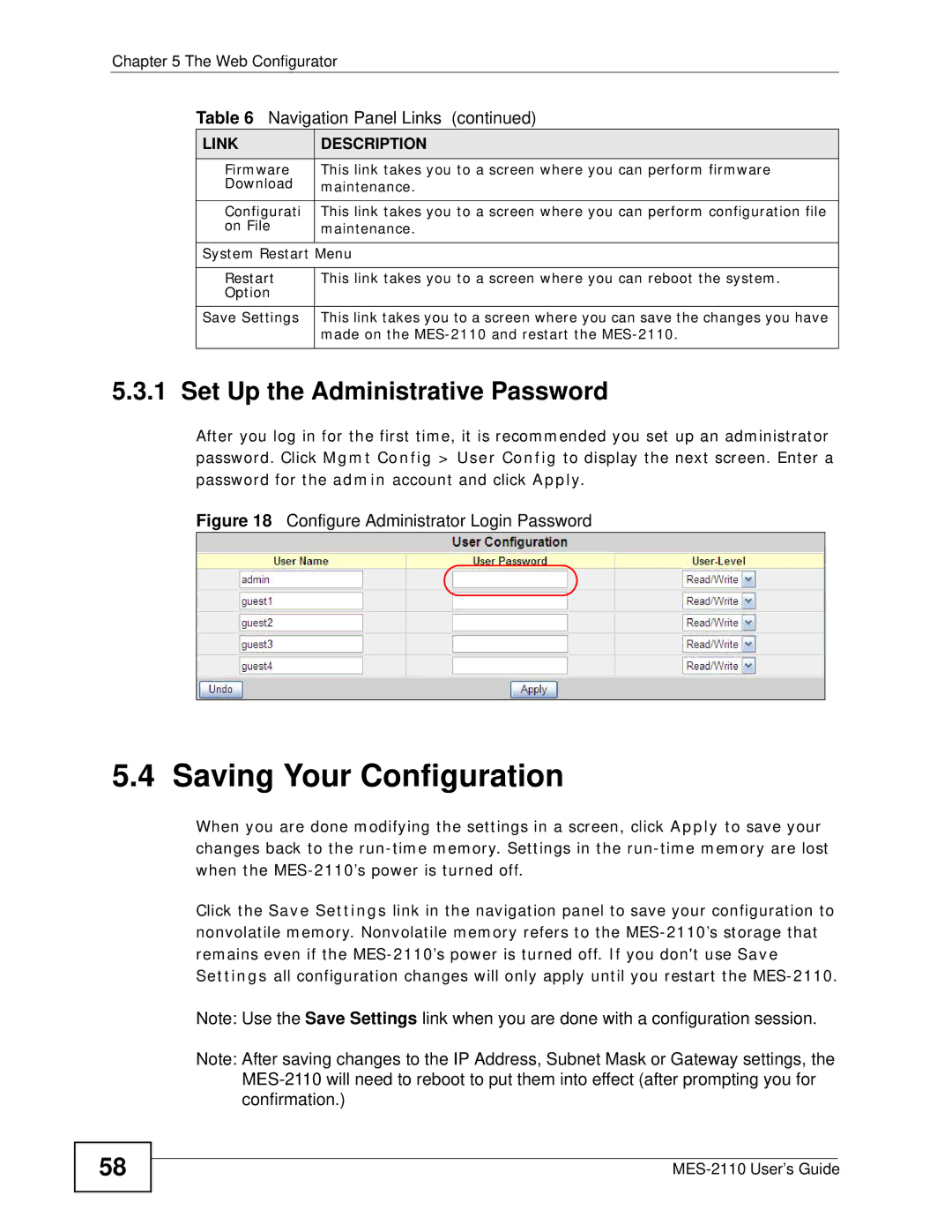 ZyXEL Communications MES-2110 manual Saving Your Configuration, Set Up the Administrative Password 