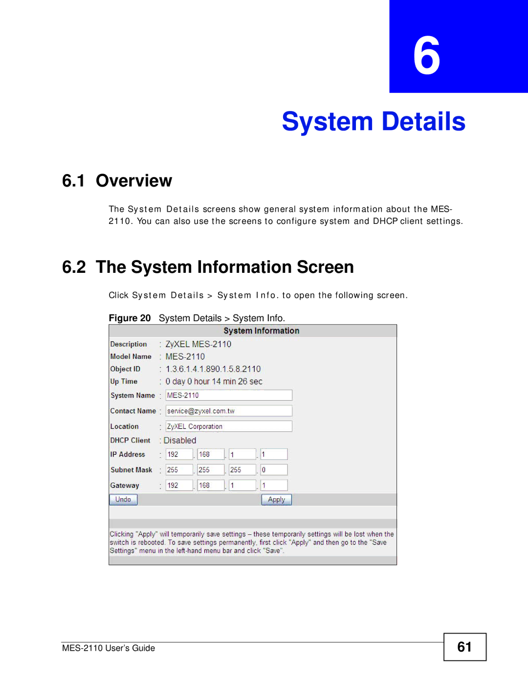 ZyXEL Communications MES-2110 manual System Details, System Information Screen 