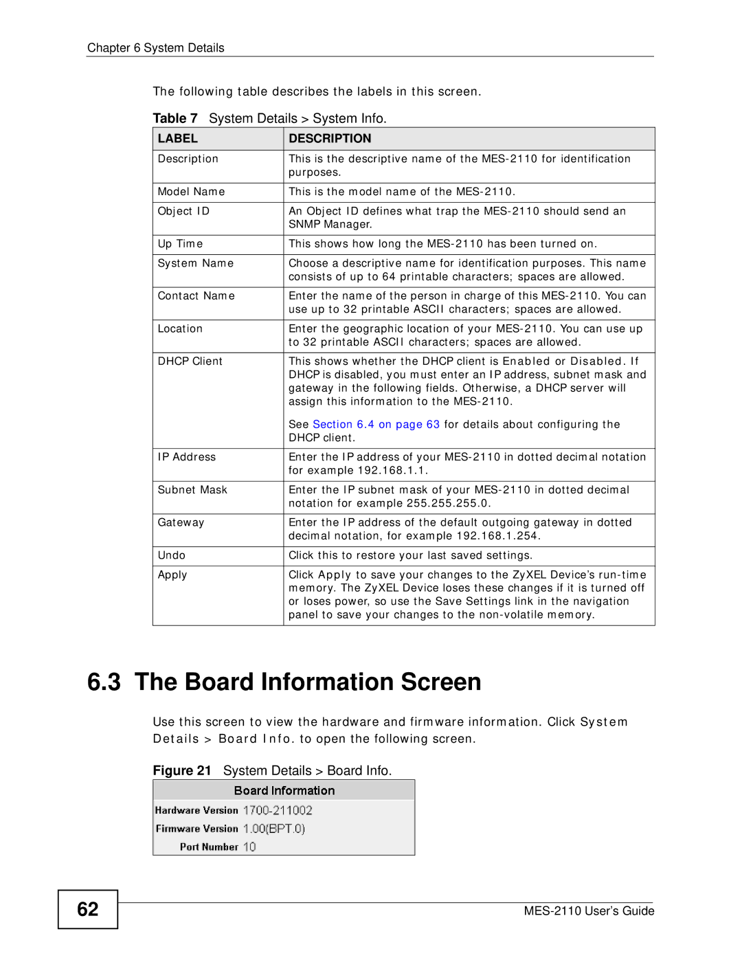 ZyXEL Communications MES-2110 manual Board Information Screen 