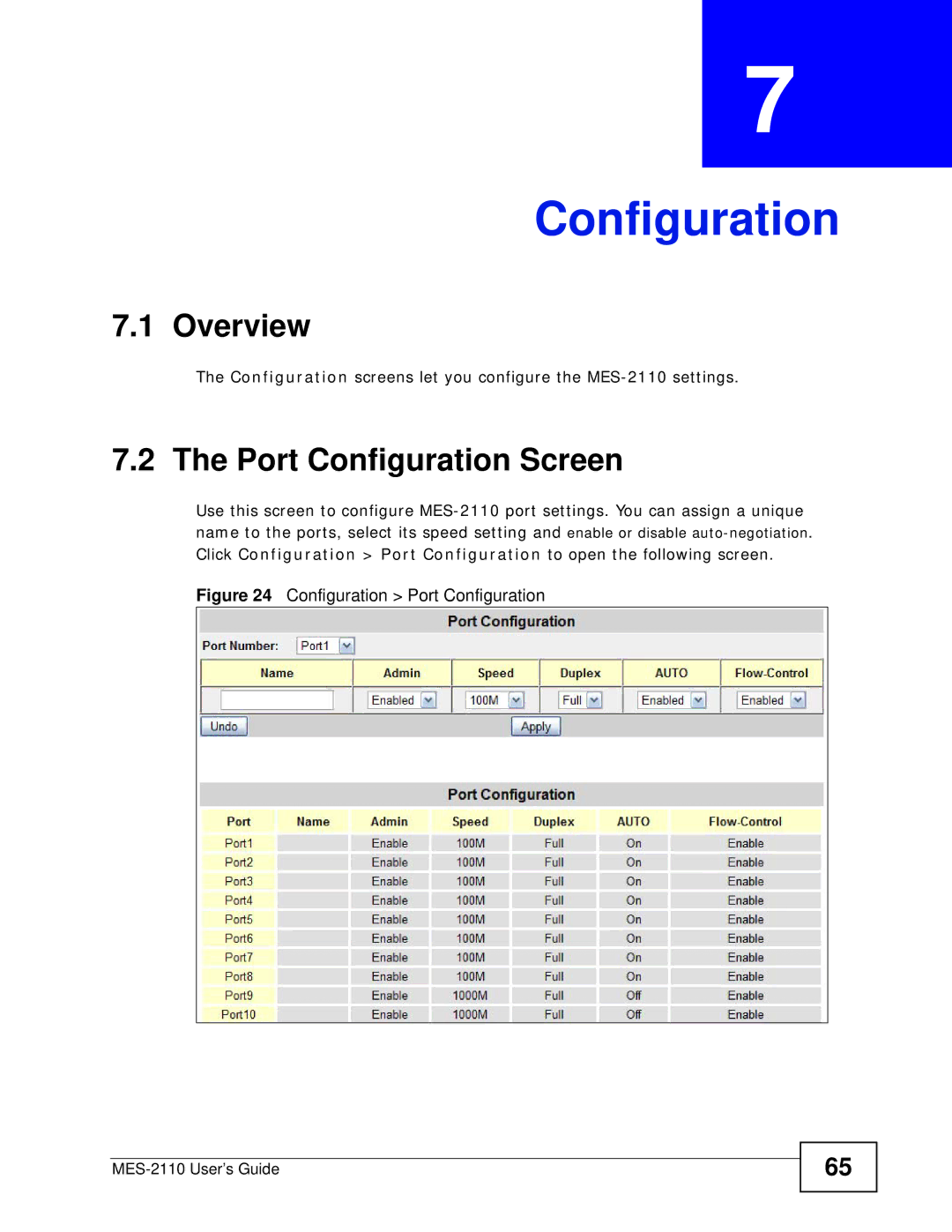 ZyXEL Communications MES-2110 manual Port Configuration Screen 