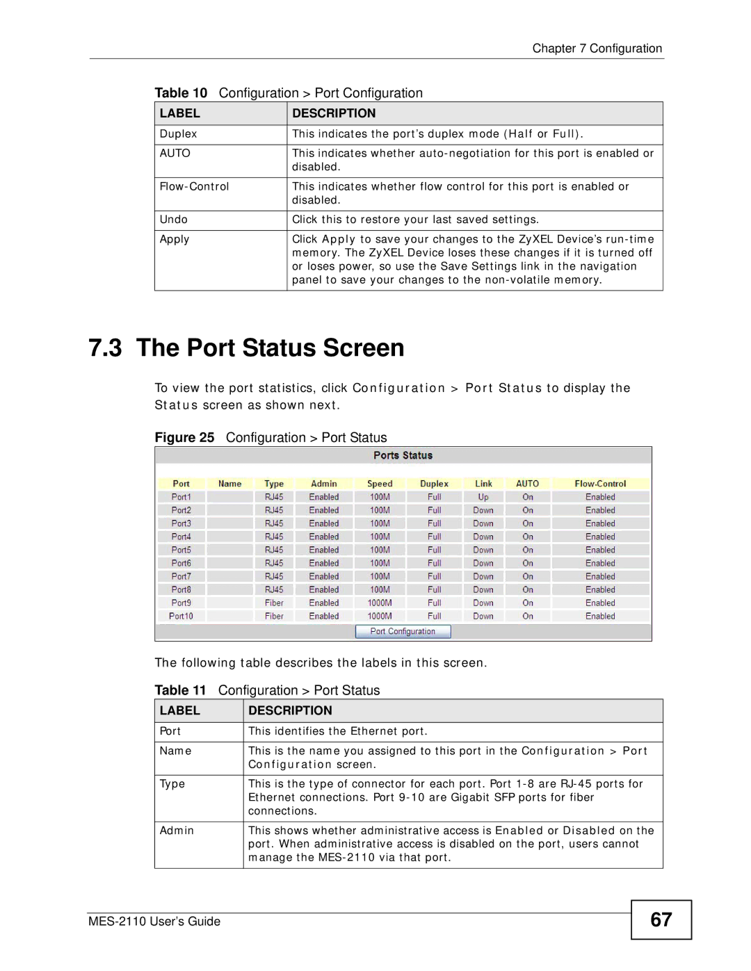 ZyXEL Communications MES-2110 Port Status Screen, Duplex This indicates the port’s duplex mode Half or Full, Disabled 