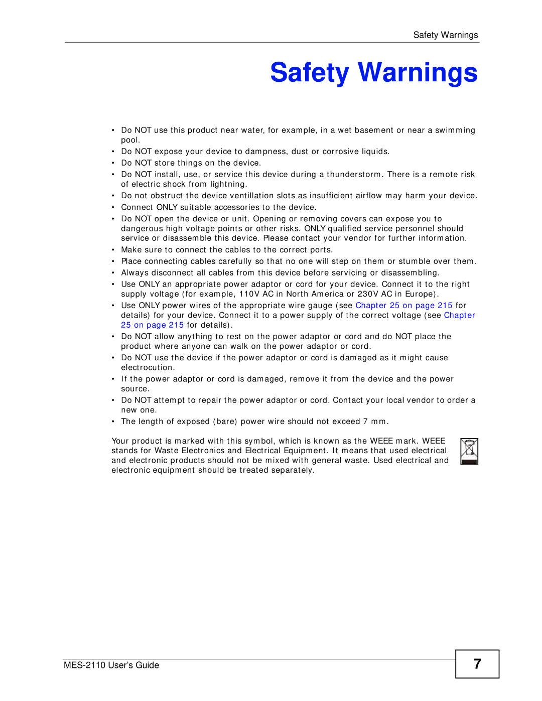 ZyXEL Communications MES-2110 manual Safety Warnings 