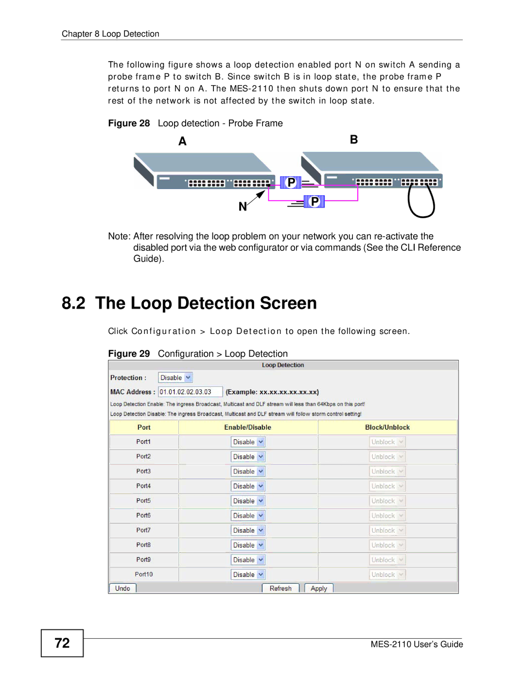 ZyXEL Communications MES-2110 manual Loop Detection Screen, Loop detection Probe Frame 