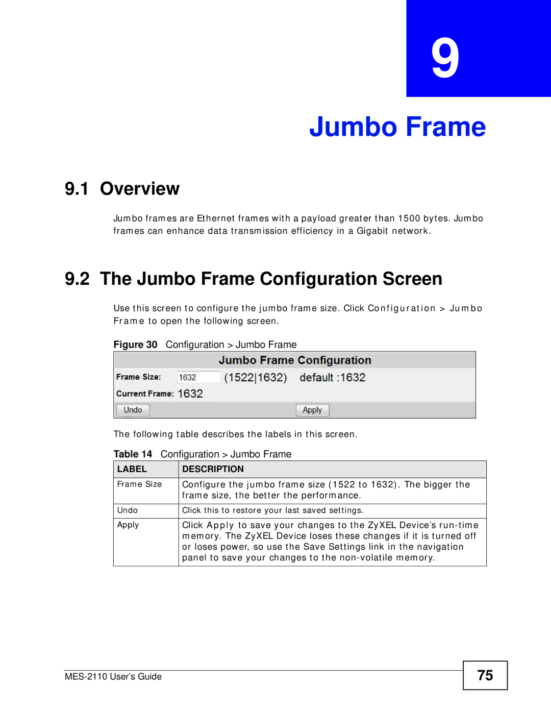 ZyXEL Communications MES-2110 manual Jumbo Frame Configuration Screen, Frame Size 