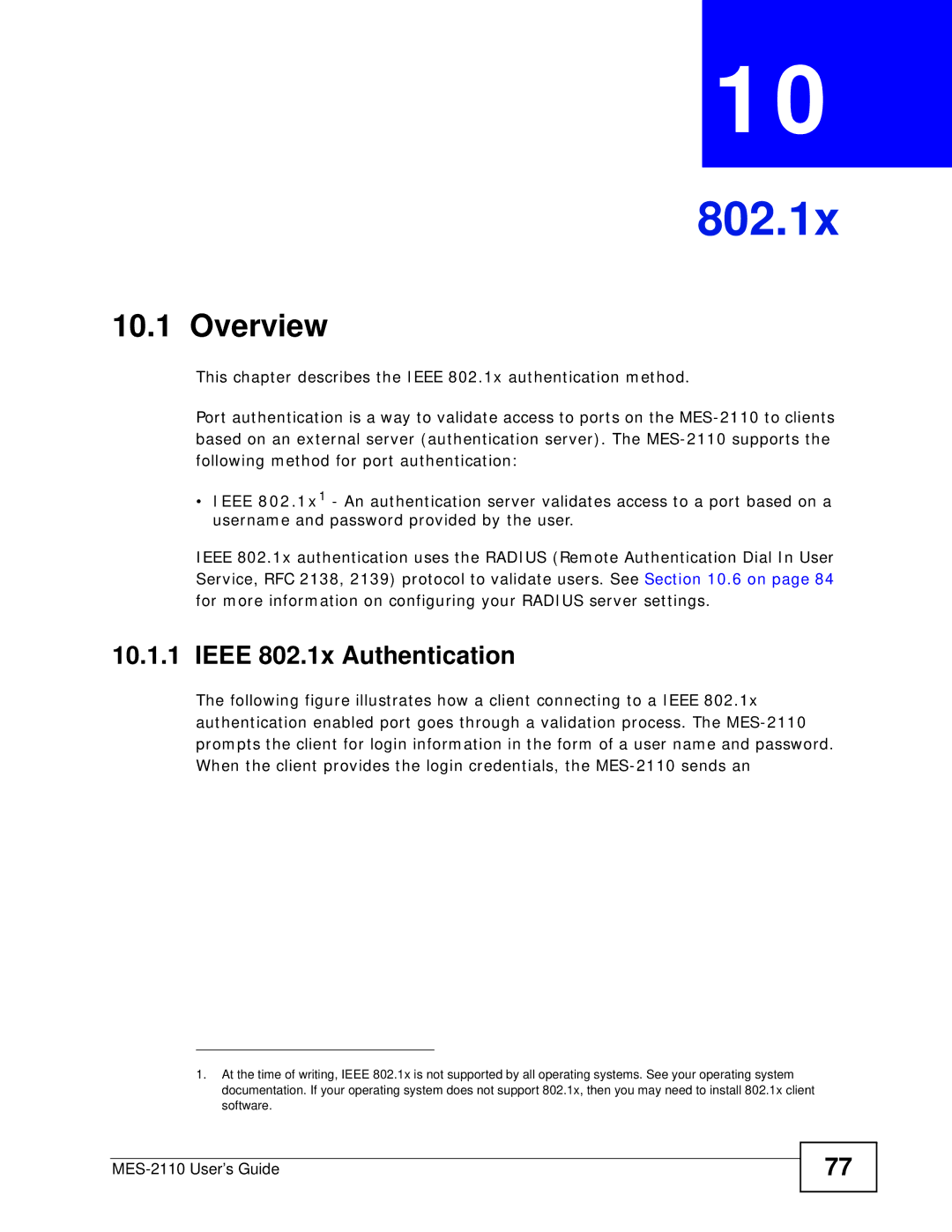 ZyXEL Communications MES-2110 manual Ieee 802.1x Authentication 