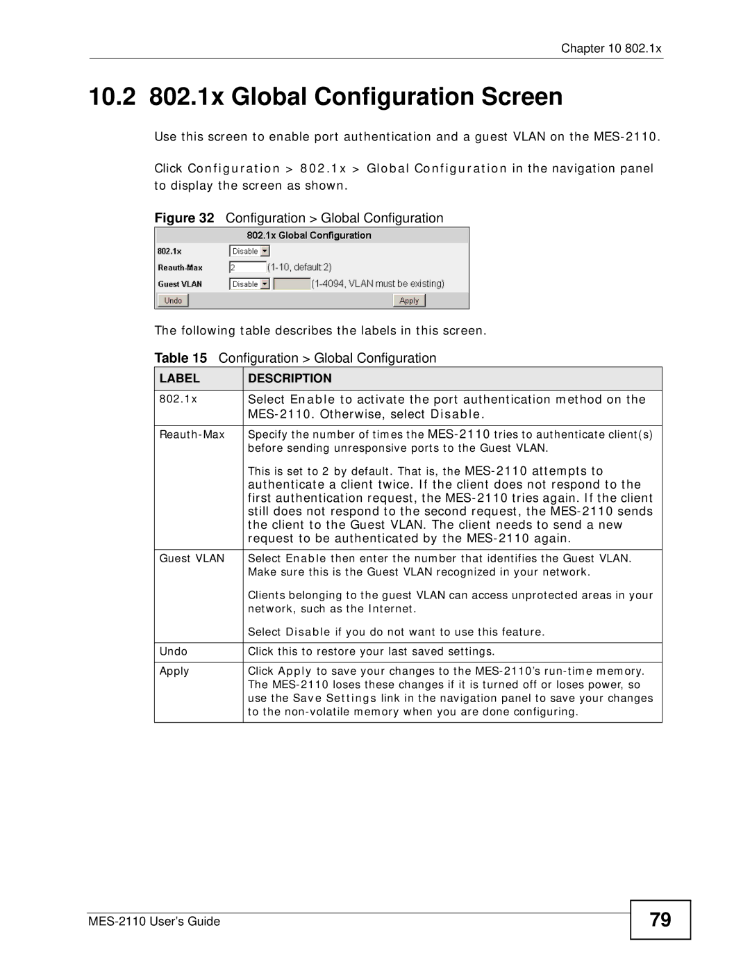 ZyXEL Communications MES-2110 manual 10.2 802.1x Global Configuration Screen 