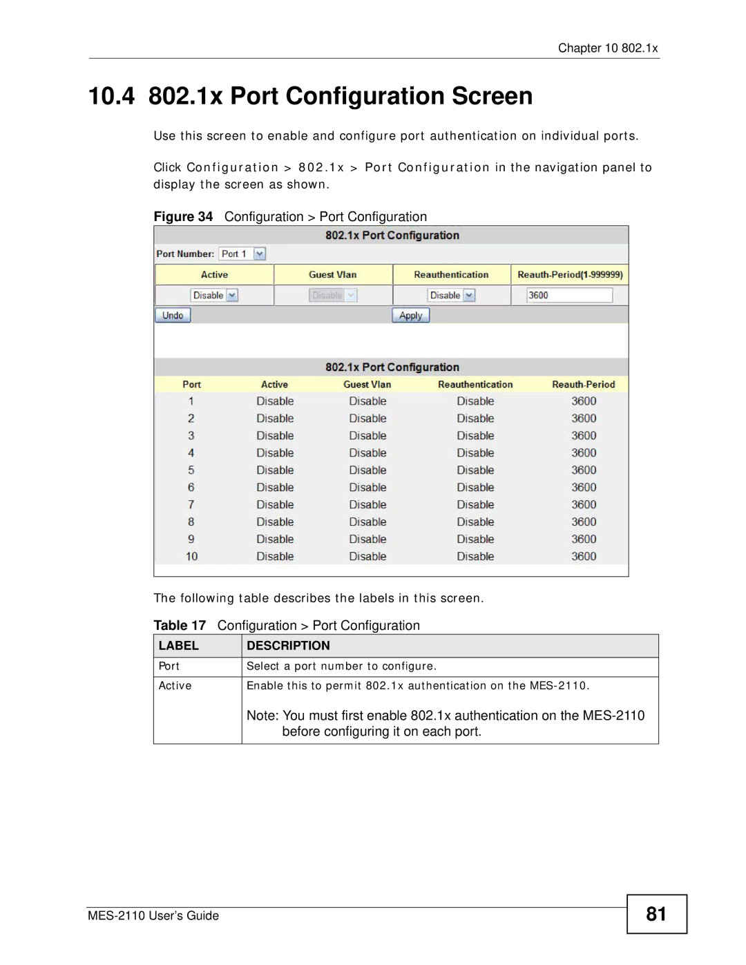 ZyXEL Communications MES-2110 manual 10.4 802.1x Port Configuration Screen, Before configuring it on each port 