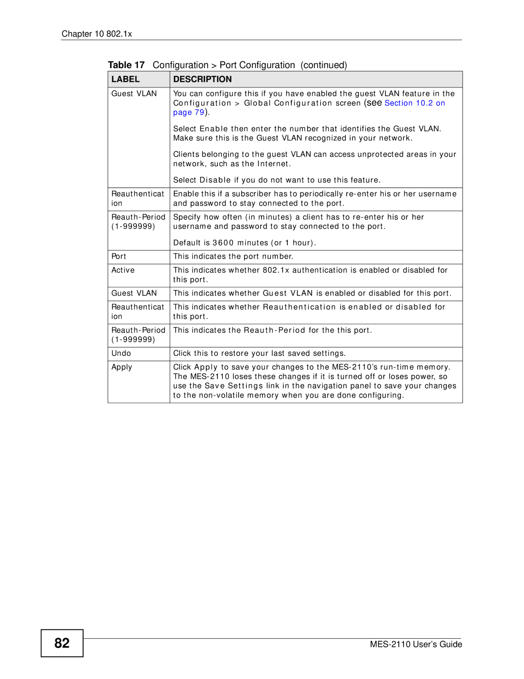 ZyXEL Communications MES-2110 manual Guest Vlan, Reauthenticat 