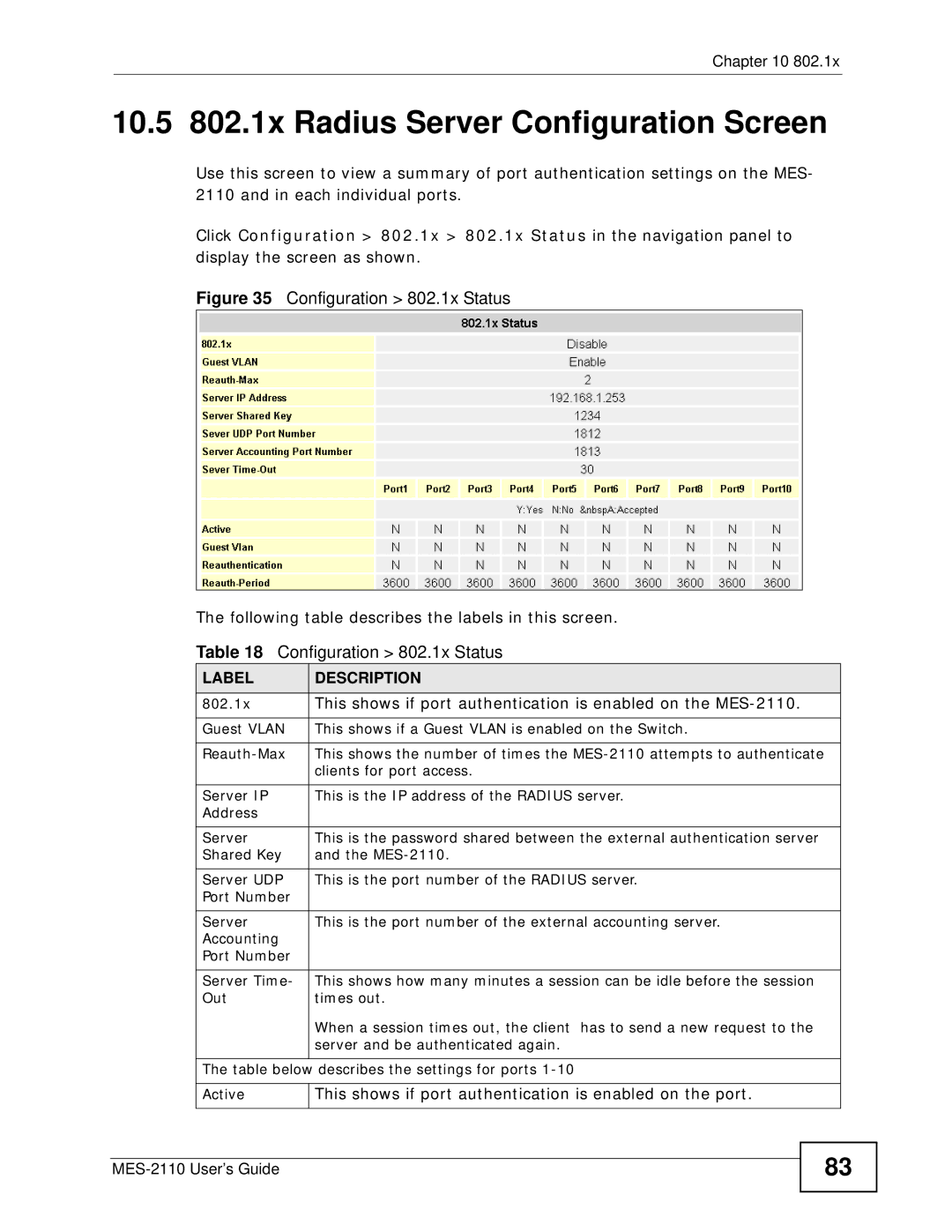 ZyXEL Communications MES-2110 manual 10.5 802.1x Radius Server Configuration Screen, Clients for port access 