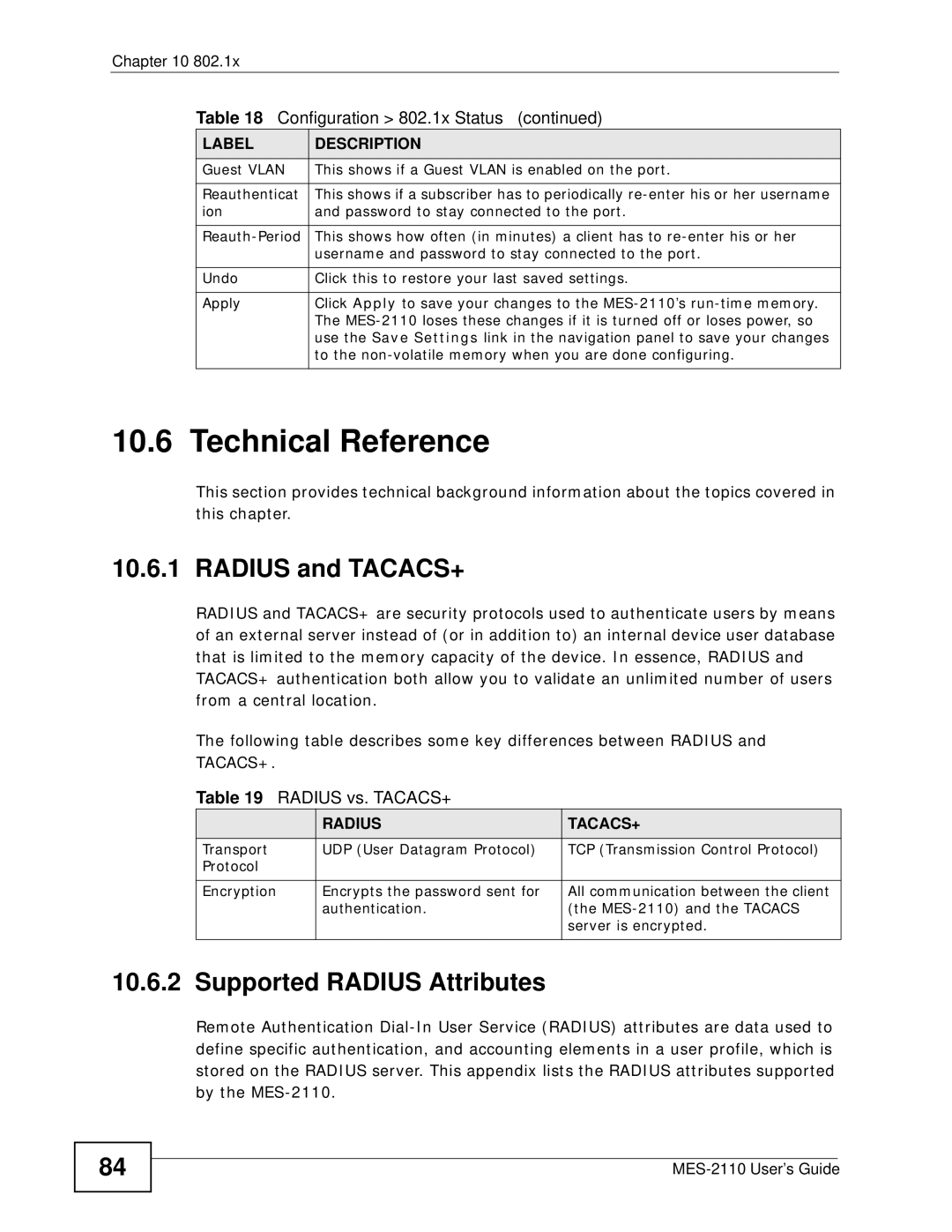 ZyXEL Communications MES-2110 Technical Reference, Radius and TACACS+, Supported Radius Attributes, Radius vs. TACACS+ 