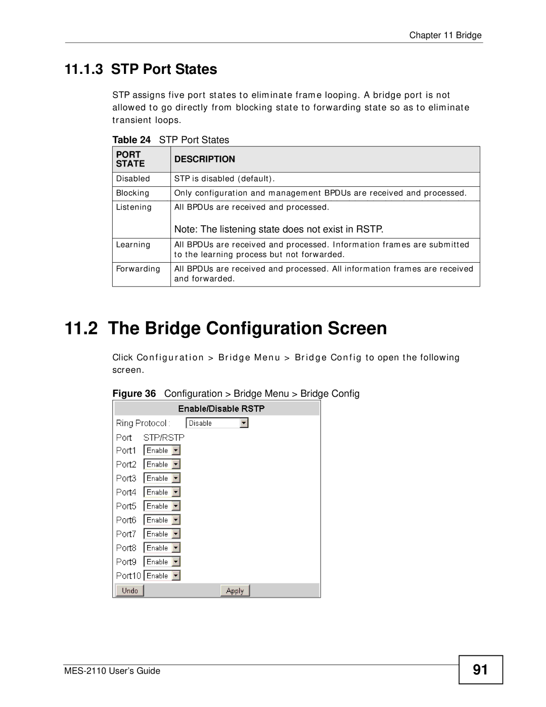 ZyXEL Communications MES-2110 manual Bridge Configuration Screen, STP Port States, Port Description State, Forwarded 