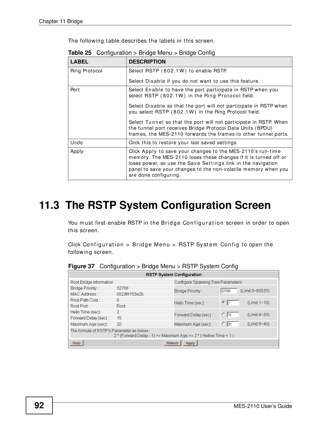 ZyXEL Communications MES-2110 manual Rstp System Configuration Screen, You select Rstp 802.1W in the Ring Protocol field 