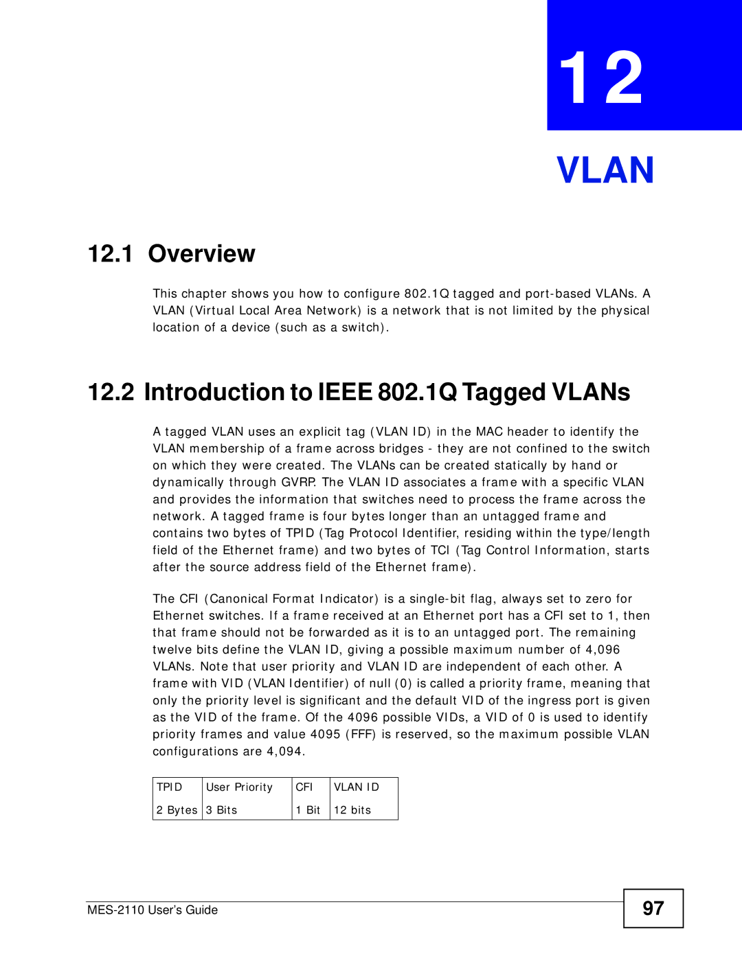 ZyXEL Communications MES-2110 manual Introduction to Ieee 802.1Q Tagged VLANs, Tpid, User Priority, CFI Vlan ID, Bytes Bits 