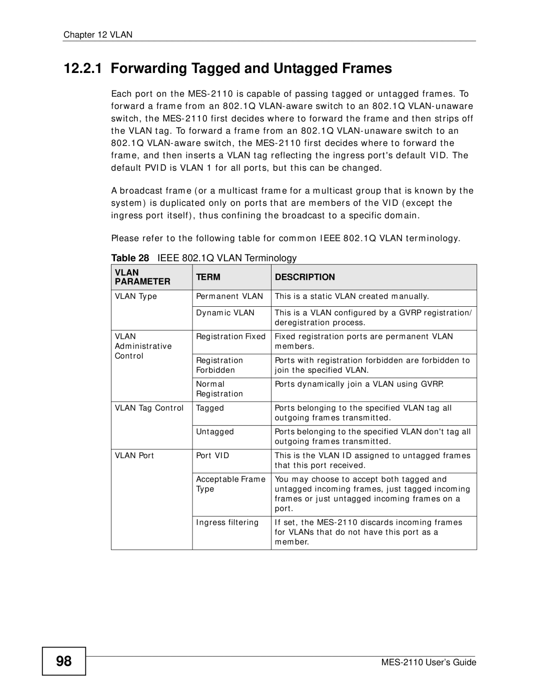 ZyXEL Communications MES-2110 manual Forwarding Tagged and Untagged Frames, Ieee 802.1Q Vlan Terminology 