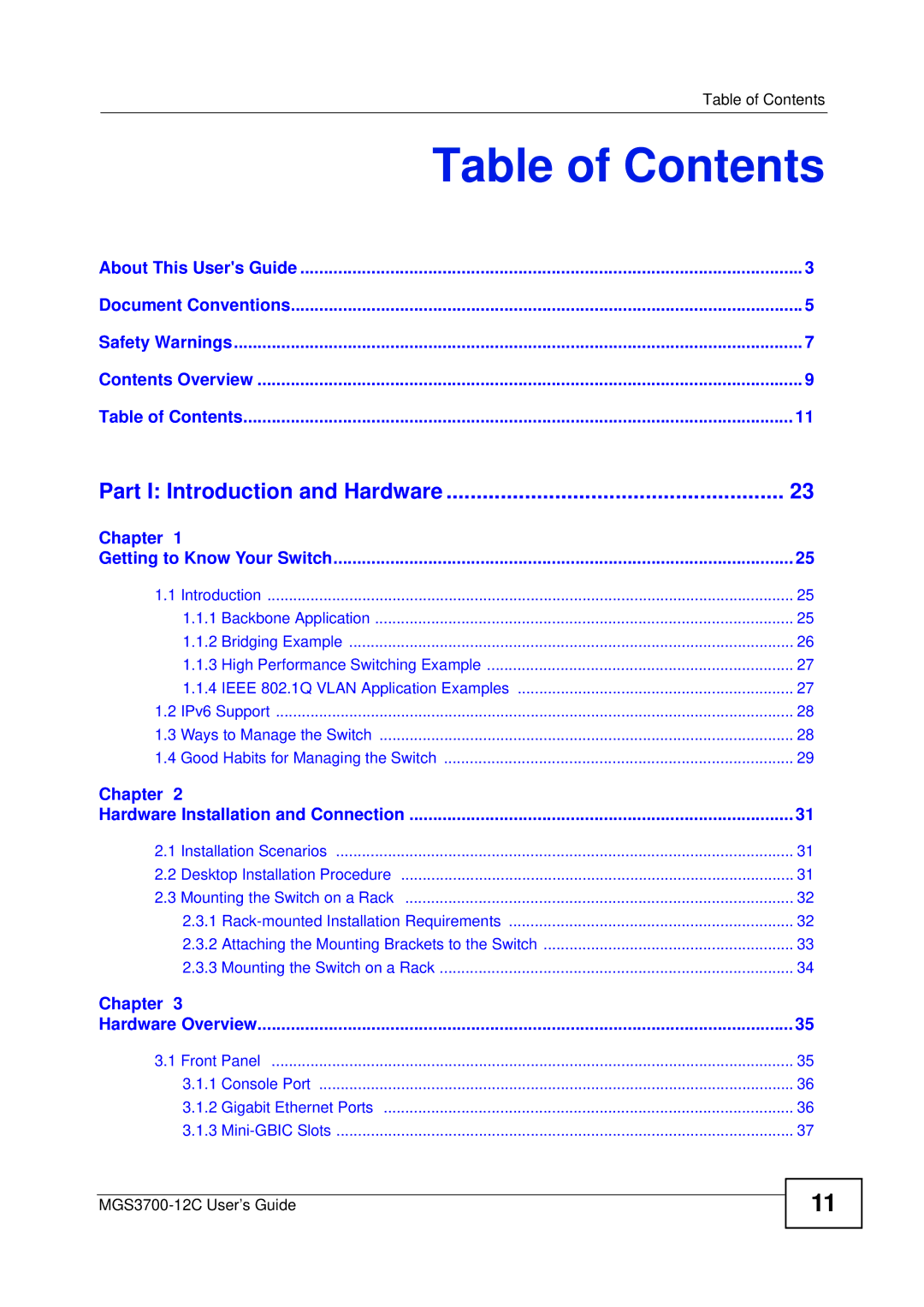 ZyXEL Communications metrogigabit switch manual Table of Contents 