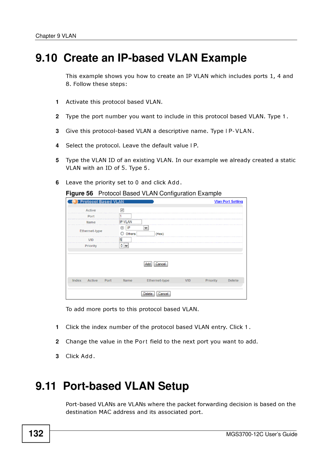 ZyXEL Communications metrogigabit switch manual Create an IP-based Vlan Example, Port-based Vlan Setup, 132 