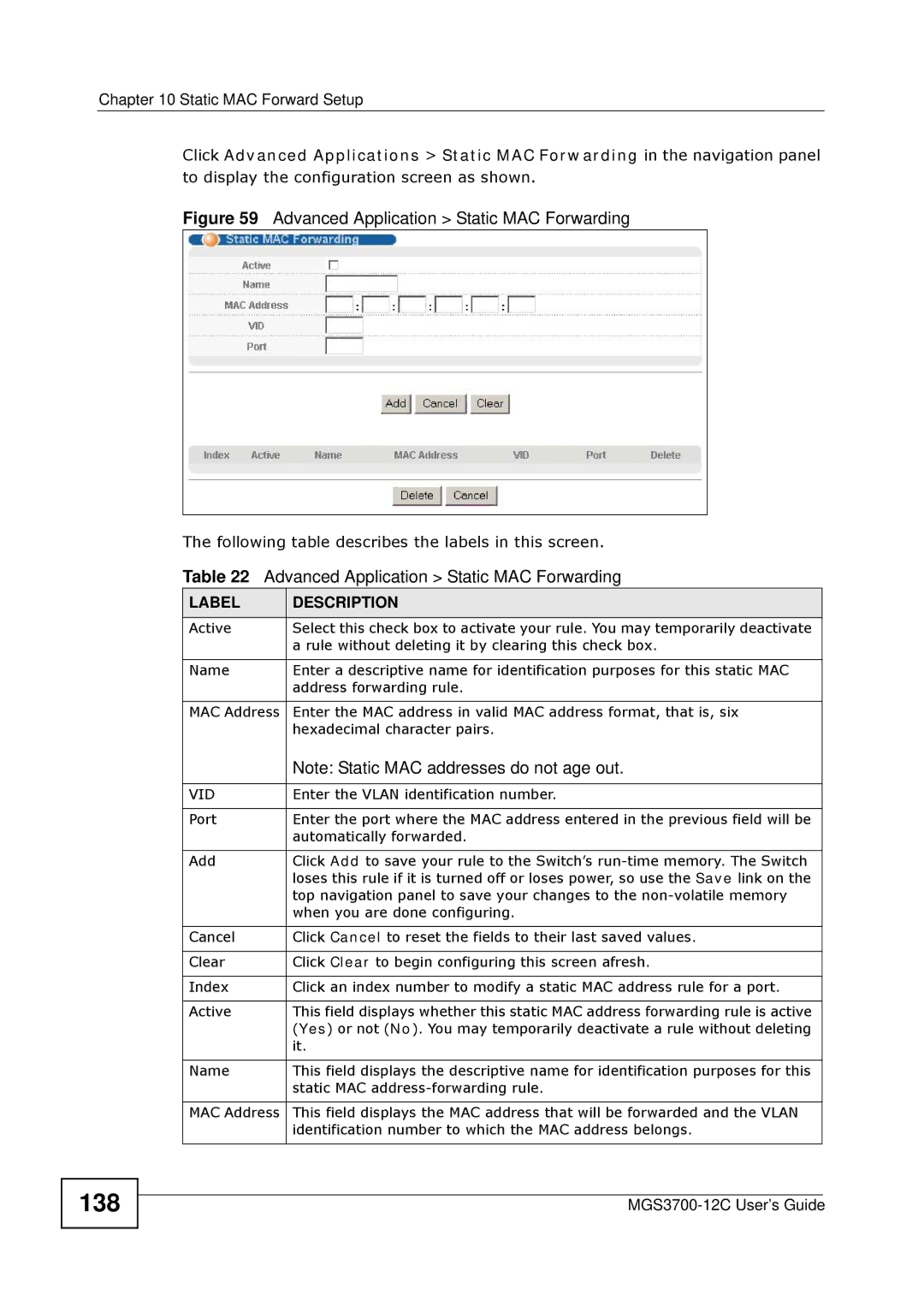 ZyXEL Communications metrogigabit switch manual 138, Advanced Application Static MAC Forwarding 