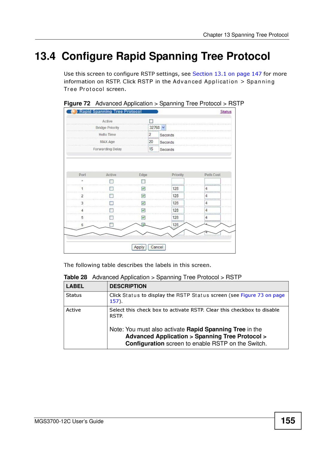 ZyXEL Communications metrogigabit switch manual Configure Rapid Spanning Tree Protocol, 155, Rstp 