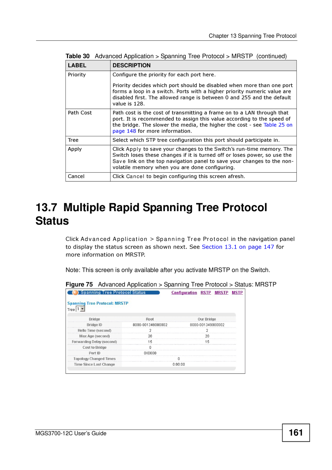 ZyXEL Communications metrogigabit switch manual Multiple Rapid Spanning Tree Protocol Status, 161 