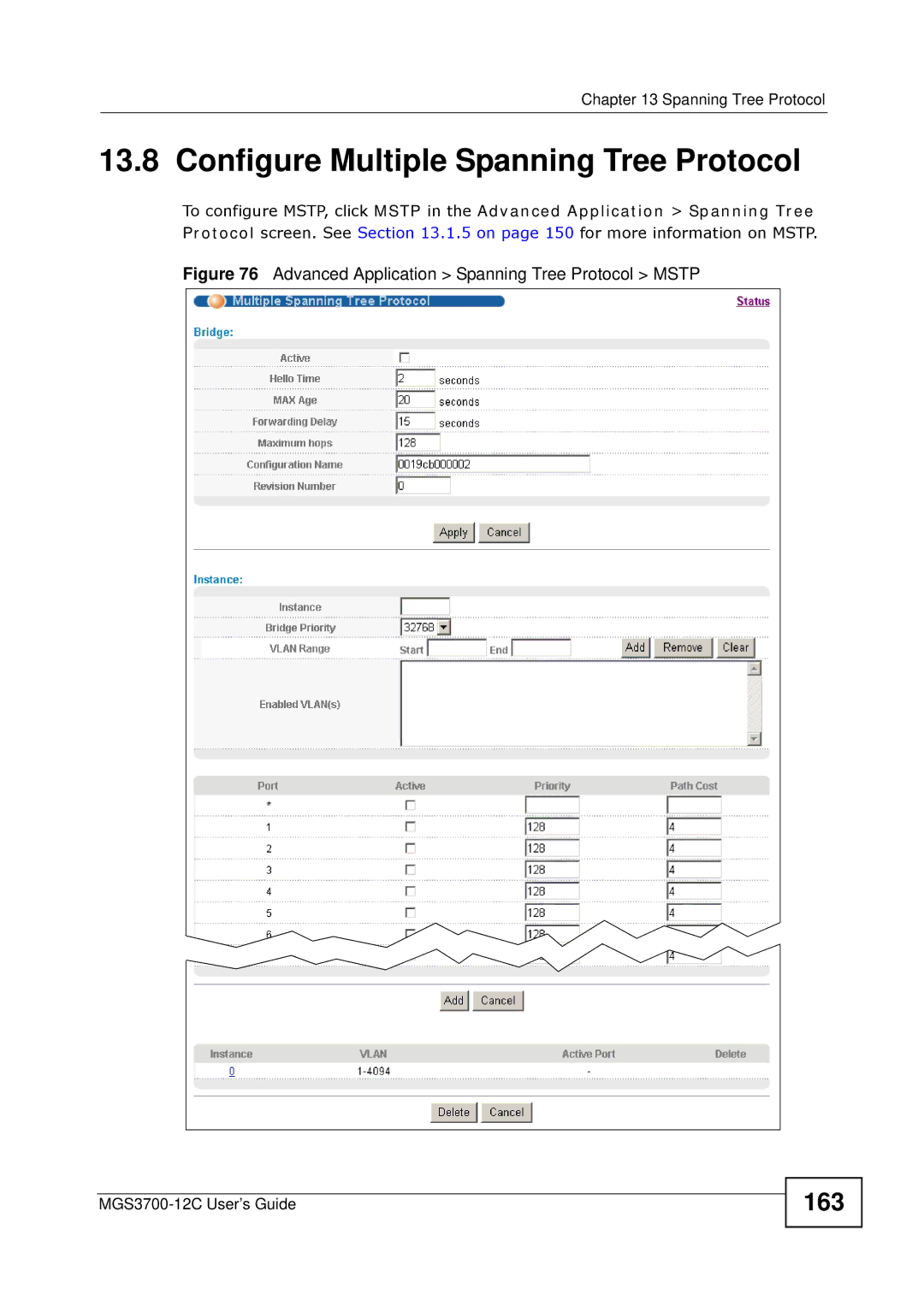 ZyXEL Communications metrogigabit switch manual Configure Multiple Spanning Tree Protocol, 163 