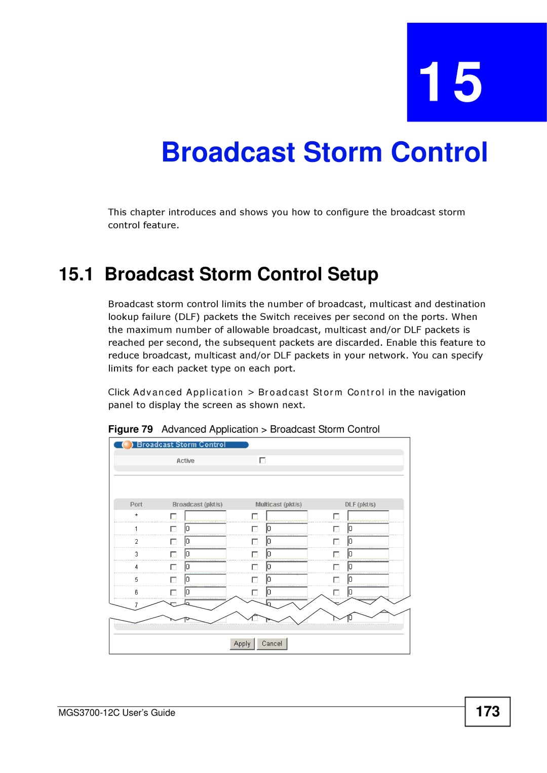 ZyXEL Communications metrogigabit switch manual Broadcast Storm Control Setup, 173 