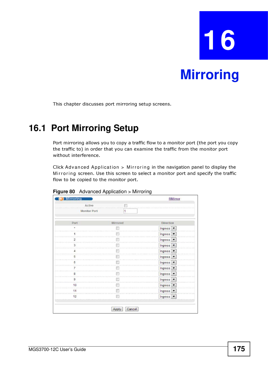 ZyXEL Communications metrogigabit switch manual Port Mirroring Setup, 175 