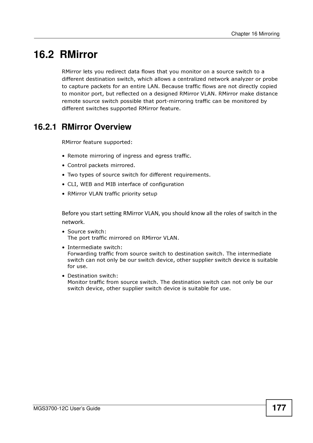 ZyXEL Communications metrogigabit switch manual RMirror Overview, 177 