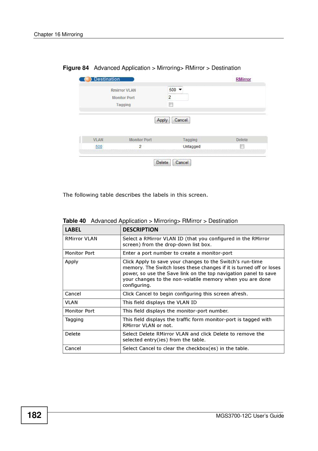 ZyXEL Communications metrogigabit switch manual 182, Advanced Application Mirroring RMirror Destination 