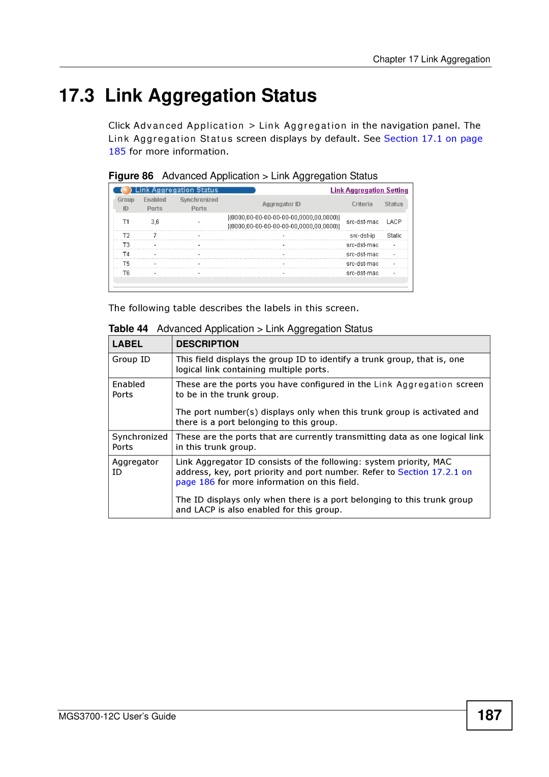 ZyXEL Communications metrogigabit switch manual Link Aggregation Status, 187 