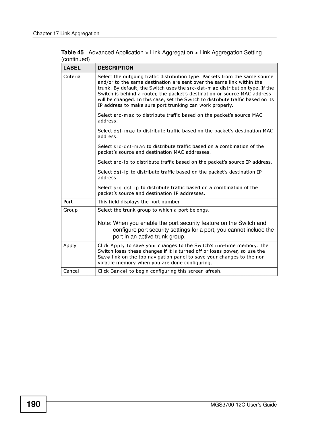 ZyXEL Communications metrogigabit switch manual 190, Port in an active trunk group 