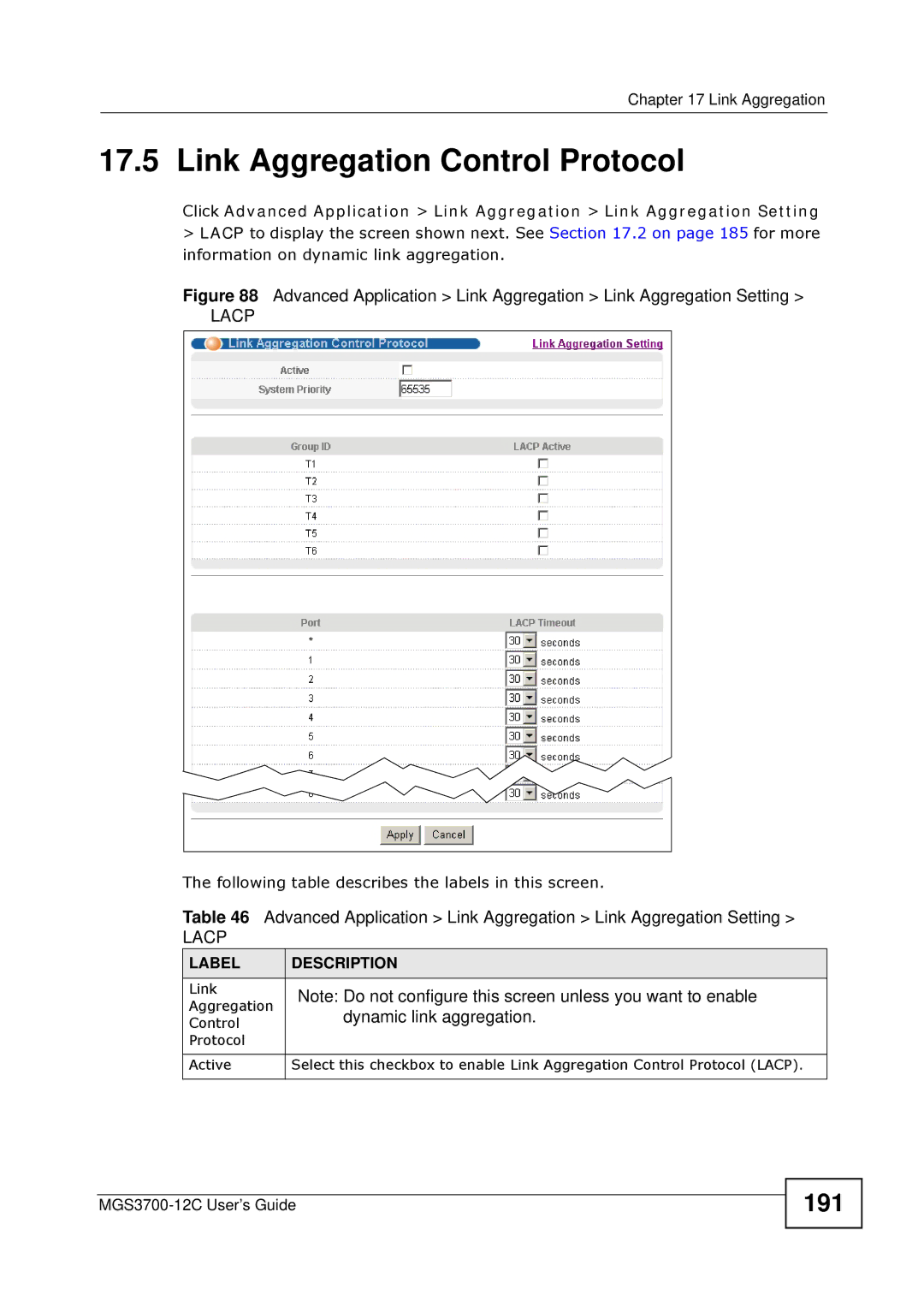 ZyXEL Communications metrogigabit switch manual Link Aggregation Control Protocol, 191, Dynamic link aggregation 