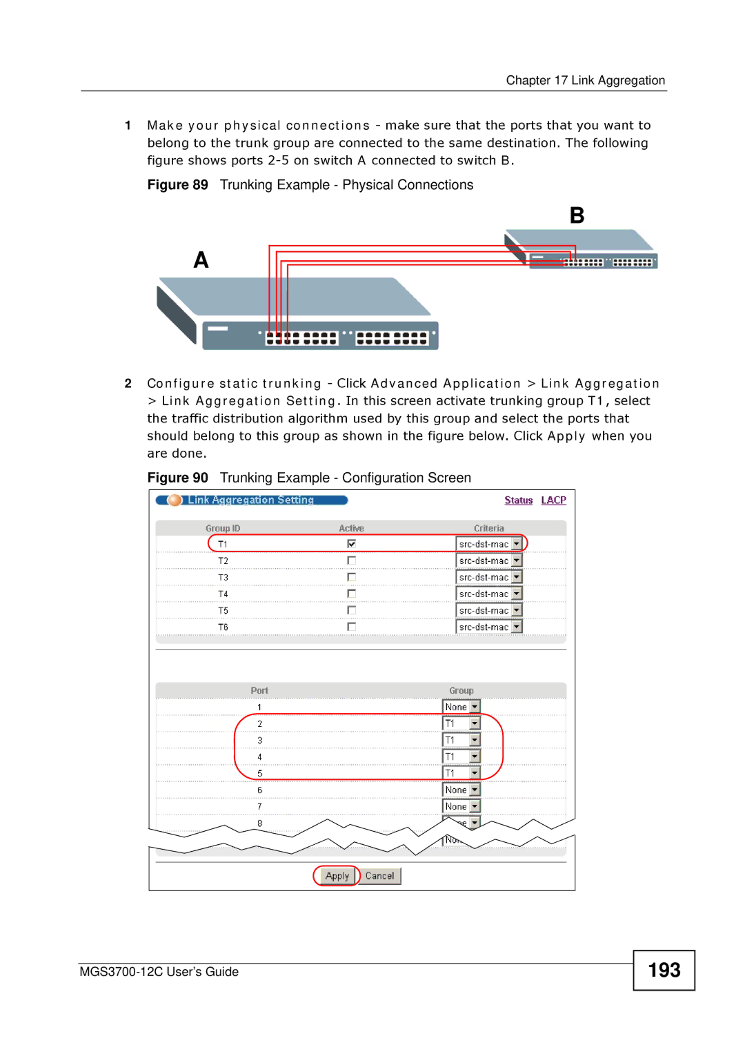 ZyXEL Communications metrogigabit switch manual 193, Trunking Example Physical Connections 