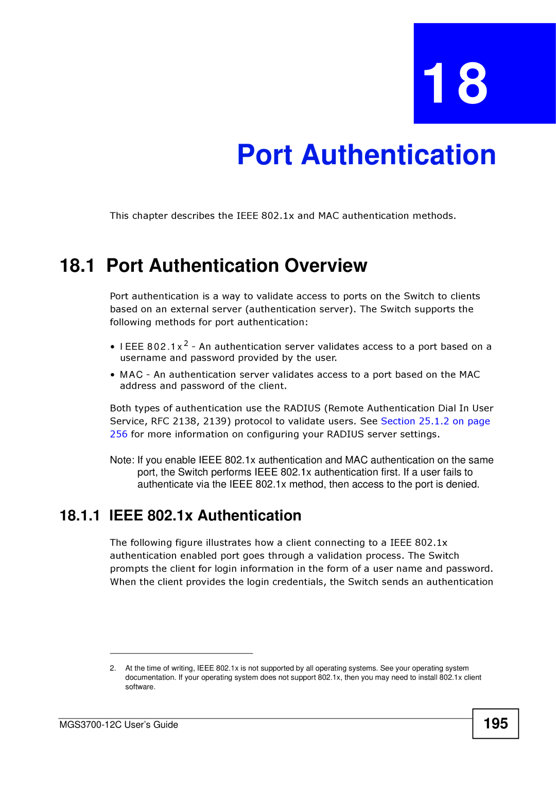 ZyXEL Communications metrogigabit switch manual Port Authentication Overview, Ieee 802.1x Authentication, 195 