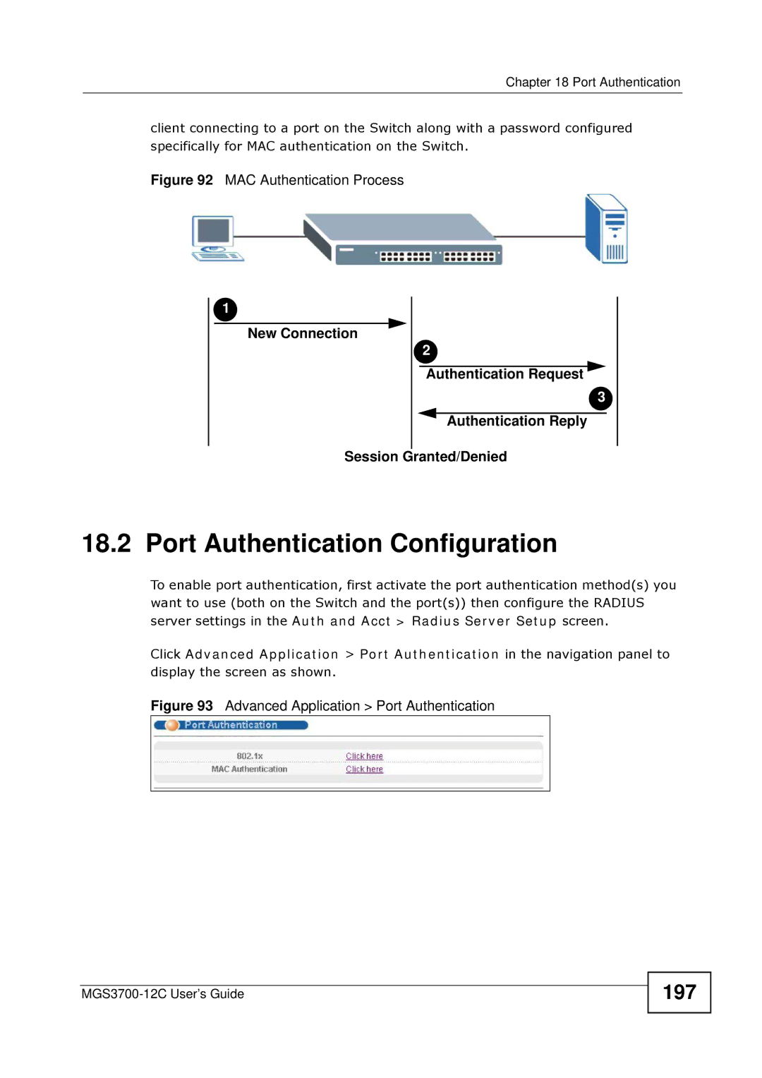 ZyXEL Communications metrogigabit switch manual Port Authentication Configuration, 197 