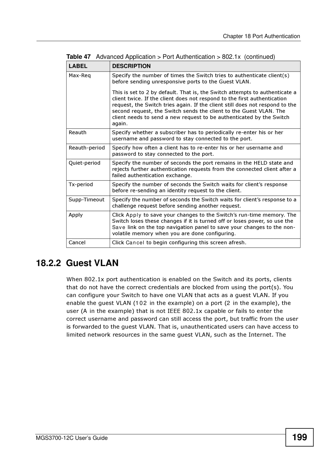 ZyXEL Communications metrogigabit switch manual Guest Vlan, 199 