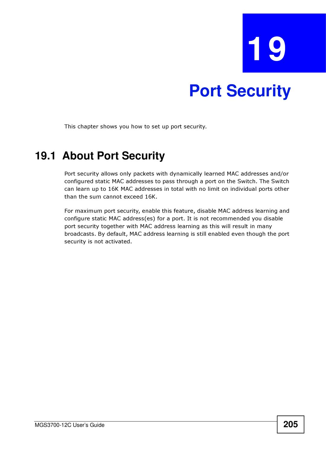 ZyXEL Communications metrogigabit switch manual About Port Security, 205 