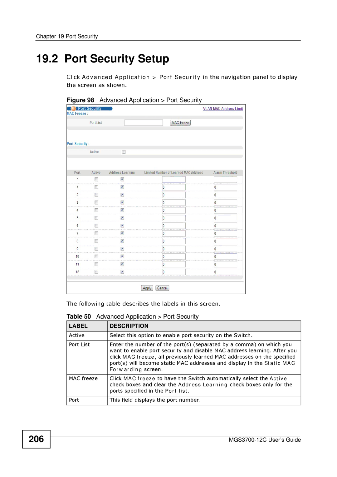 ZyXEL Communications metrogigabit switch manual Port Security Setup, 206, Forwarding screen 