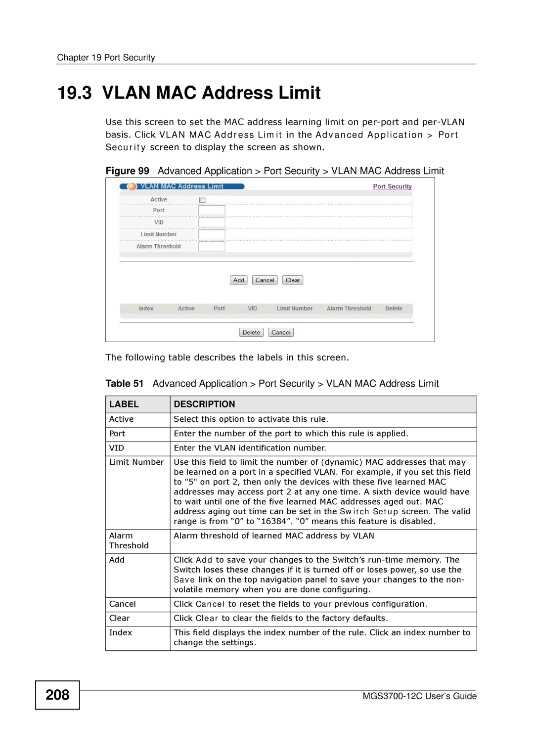 ZyXEL Communications metrogigabit switch manual Vlan MAC Address Limit, 208 