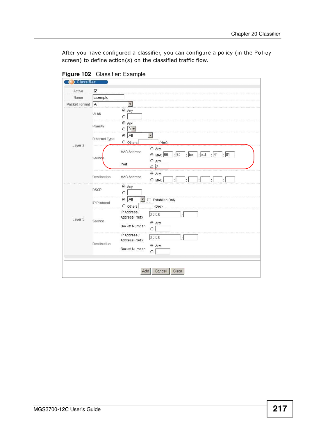 ZyXEL Communications metrogigabit switch manual 217, Classifier Example 