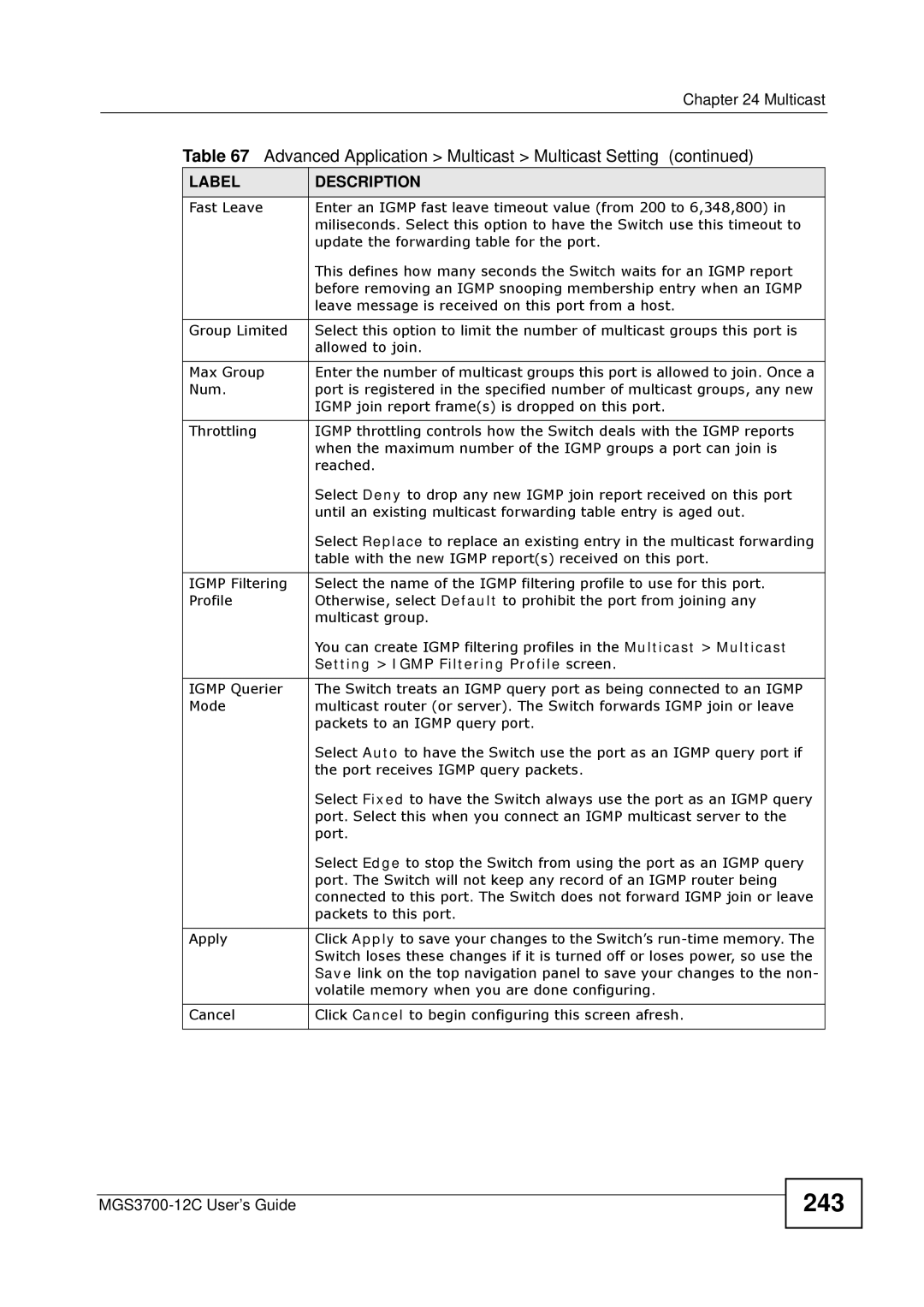 ZyXEL Communications metrogigabit switch manual 243, Setting Igmp Filtering Profile screen 