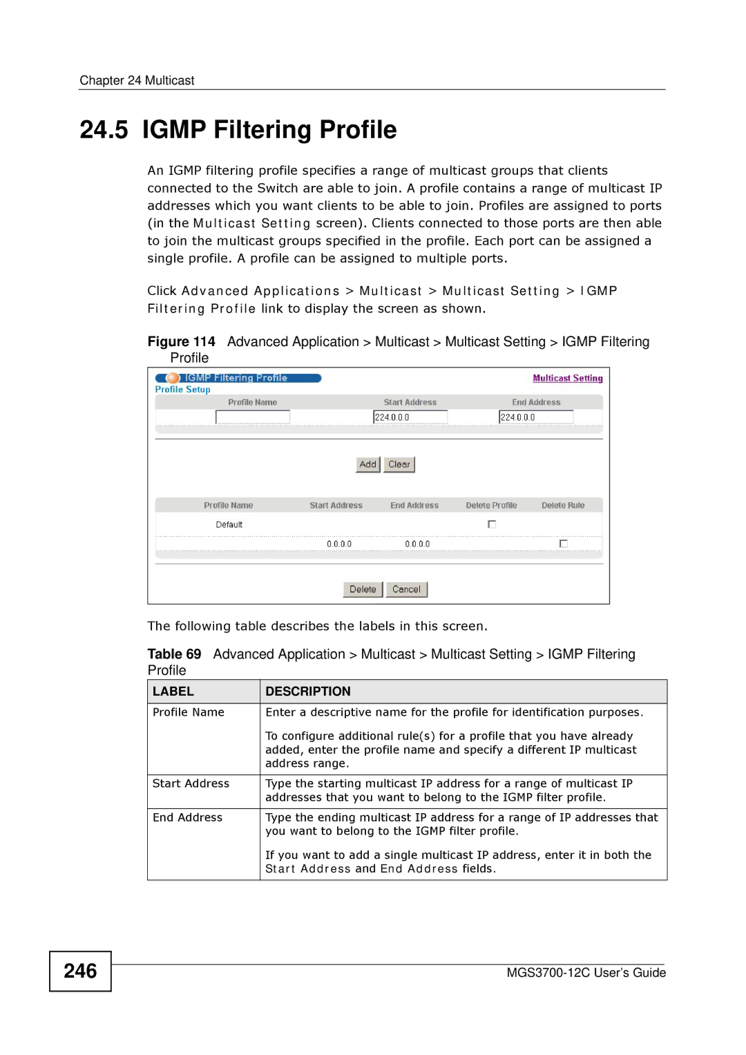 ZyXEL Communications metrogigabit switch manual Igmp Filtering Profile, 246, Start Address and End Address fields 