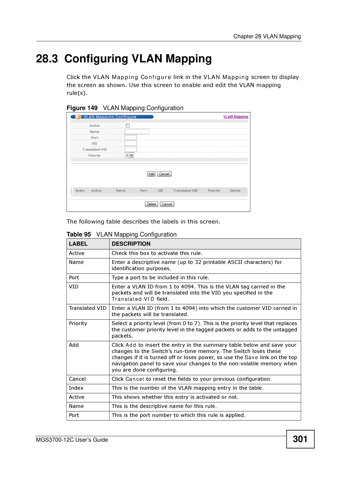 ZyXEL Communications metrogigabit switch manual Configuring Vlan Mapping, 301, Translated VID field 