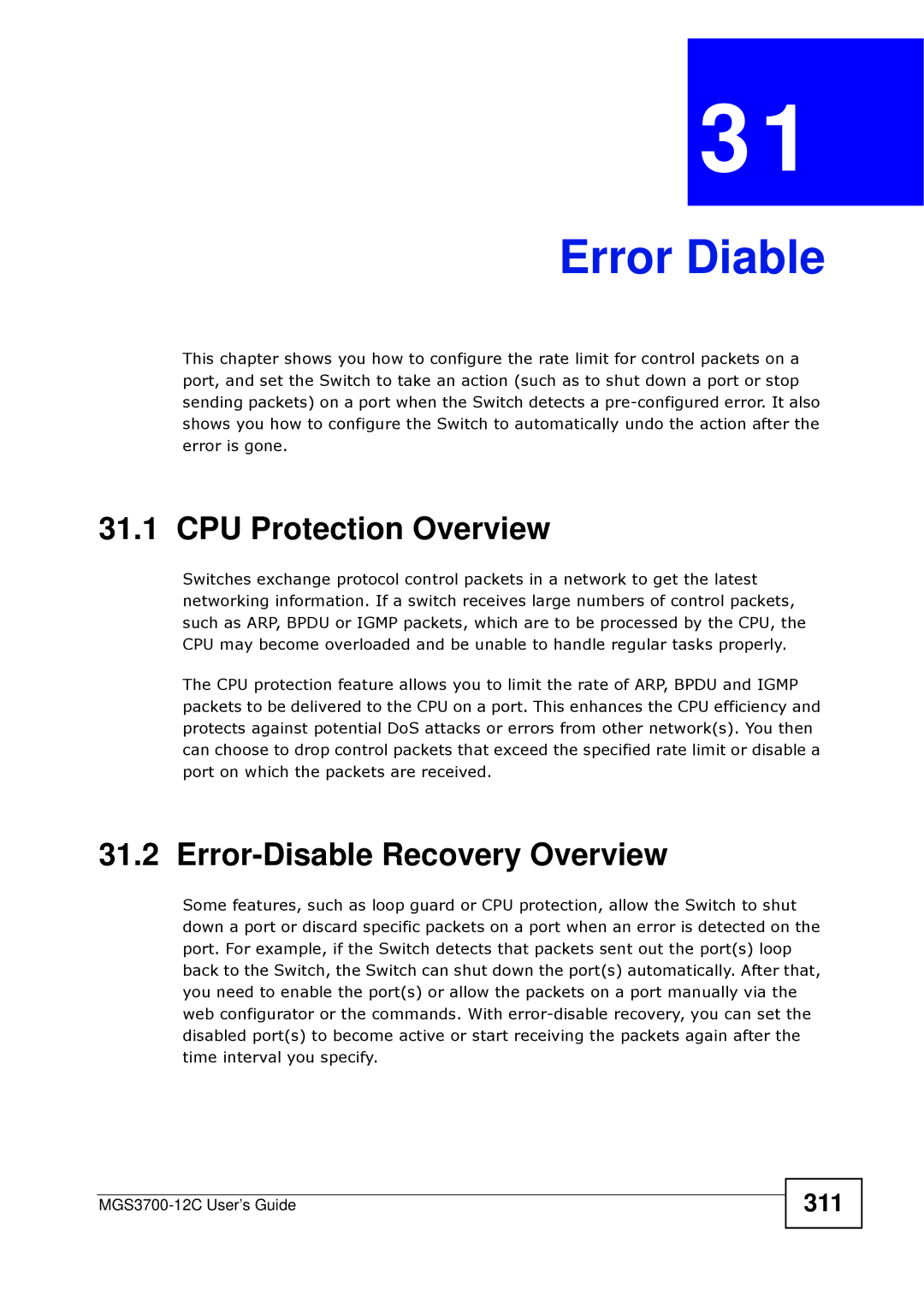 ZyXEL Communications metrogigabit switch manual Error Diable, CPU Protection Overview, Error-Disable Recovery Overview, 311 