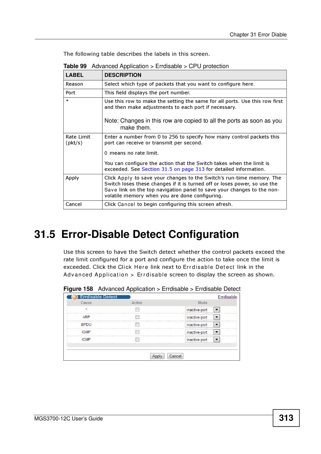 ZyXEL Communications metrogigabit switch manual Error-Disable Detect Configuration, 313 